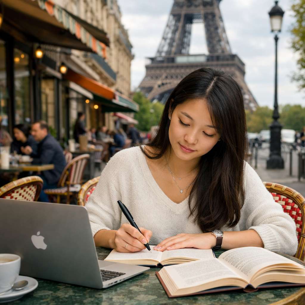 Student studying with Eiffel Tower in background
